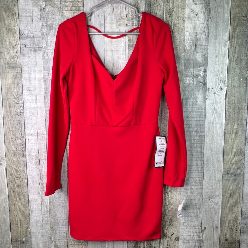 Crystal Dolls Size 9 Red Long Sleeve V-Neck Front & Back Mini Dress Back Zipper
